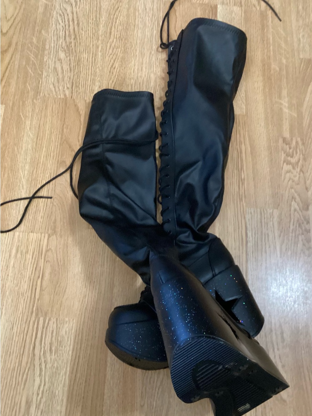 Demonia Dynamite-300 Black Matte Star Cutout Platform Thigh-High Boots Womens 9 - Picture 9 of 14